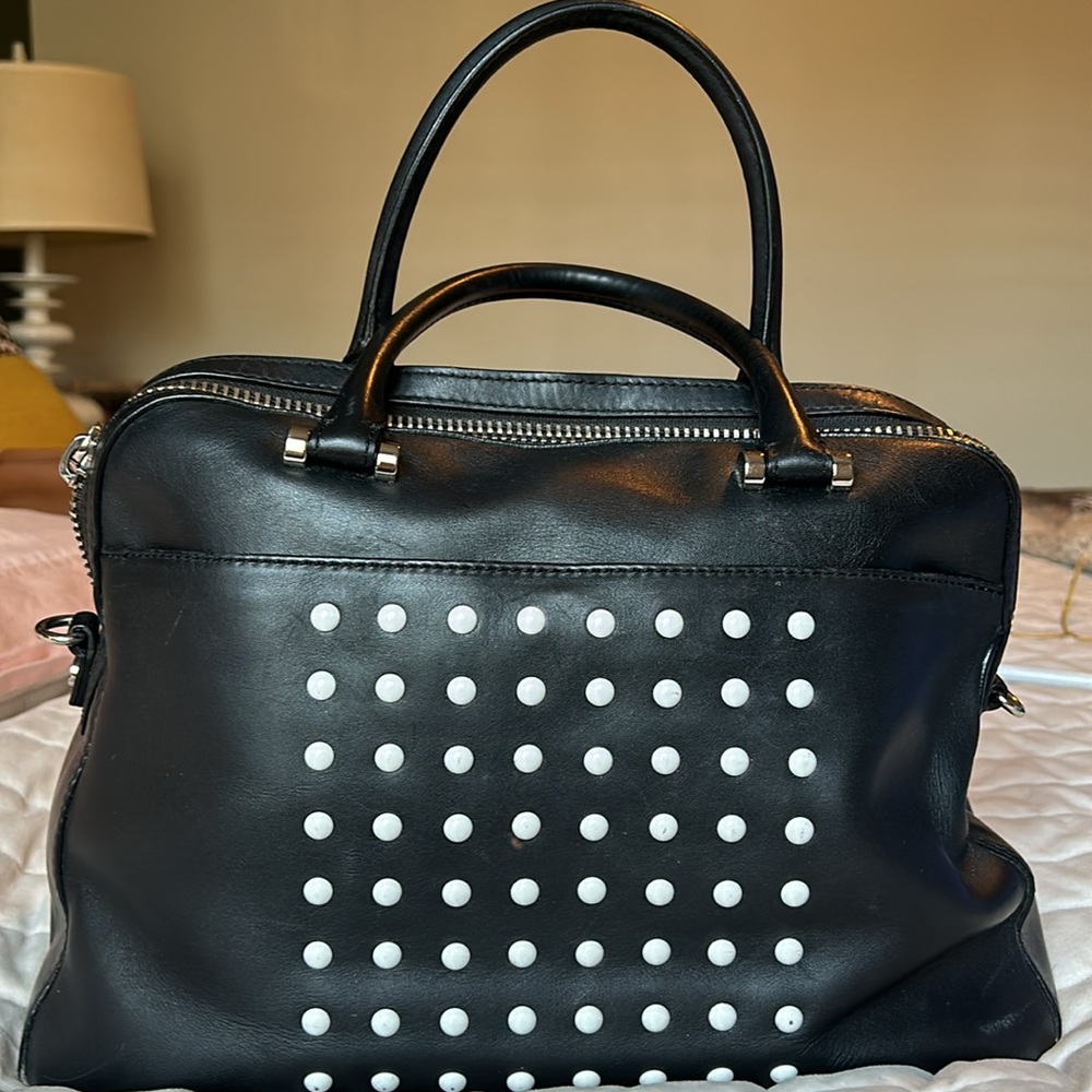 Milly domed satchel - black leather with white accents